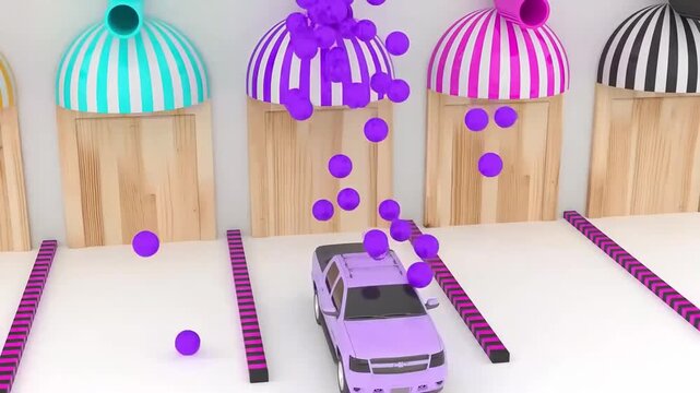 3D Animated Pickup Truck Exiting Garage with Falling Balls Animation