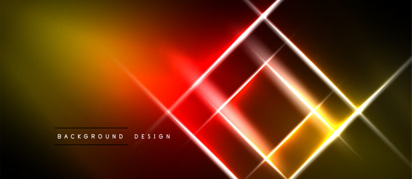 Abstract neon lines create dynamic geometric shapes. Vivid gradients transition from yellow to red over black background. Modern design element.