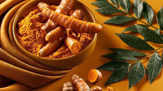 A contemporary asymmetrical composition featuring turmeric extending partially beyond the frame creating dynamic premium advertising tension and modern editorial sophistication