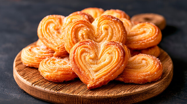 French palmier cookies on rustic wooden board. Sweet puff pastry heart shaped biscuits with sugar coating. Golden baked dessert snack on dark background. Homemade bakery treats with crispy flaky
