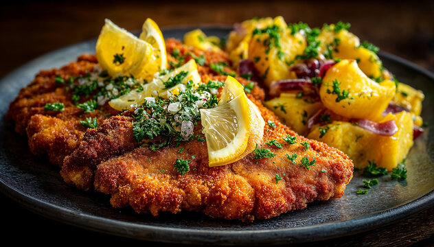 A crisp golden breaded cutlet garnished with lemon wedges, chopped parsley and herbs, served beside warm potato salad on a dark ceramic plate in low key light.