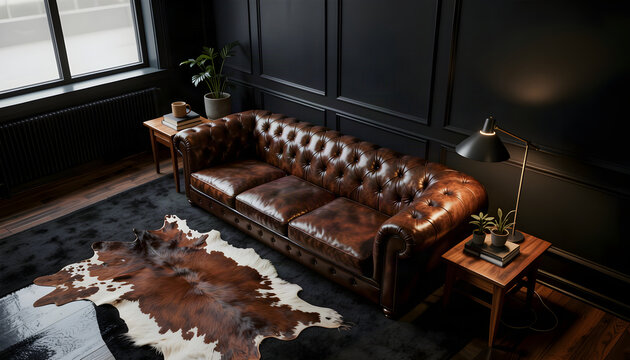 High-angle view of a luxurious classic dark room interior featuring a brown leather Chesterfield sofa, black paneled walls, wooden side tables, lamps, and a cowhide rug.