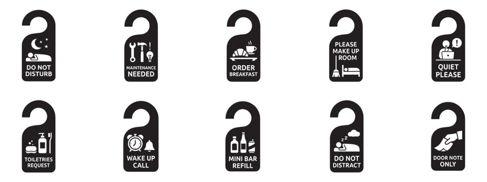 Hotel door hanger tag icon set. Do not disturb, maintenance needed, order breakfast, quiet please, wake up call and mini bar refill. Vector illustration.