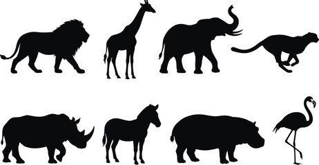 Fototapeta premium African Safari Wildlife Animals Black Silhouette Vector Set Isolated on White Background