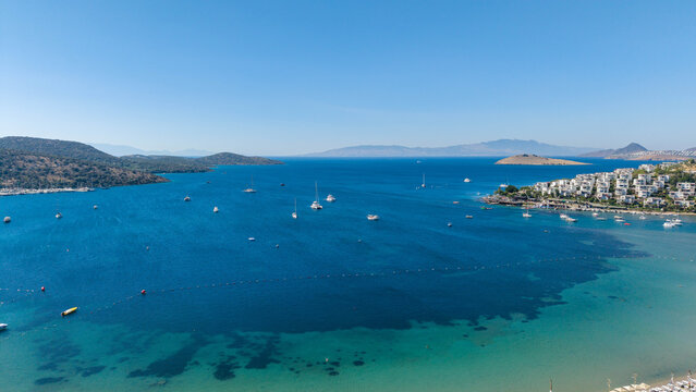 Aerial drone views of Bitez Bodrum in summer