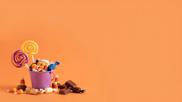 Colorful assortment of candies and sweets in a small purple container
