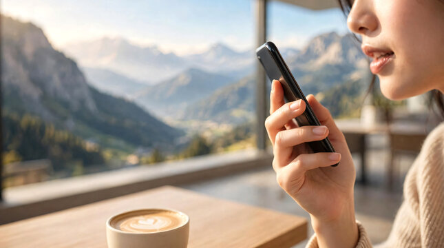 A young Asian woman's hand holding a smartphone as she speaks into the voice message feature while relaxing at a stylish caf&eacute; with a breathtaking mountain view in the background.