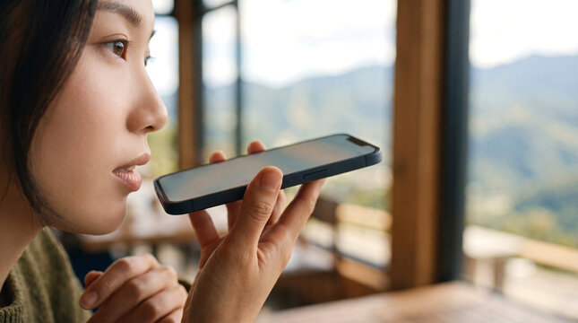 A young Asian woman's hand holding a smartphone as she speaks into the voice message feature while relaxing at a stylish caf&eacute; with a breathtaking mountain view in the background.