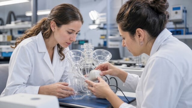 Pelvic rehabilitation sensor prototype: Female engineers test a sealed noninvasive pelvic-rehabilitation sensor on a transparent bench model in a laboratory