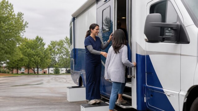 Mobile screening appointment: A woman steps into a generic mobile health van while a clinician welcomes her beside blank equipment cases, representing accessible preventive screening