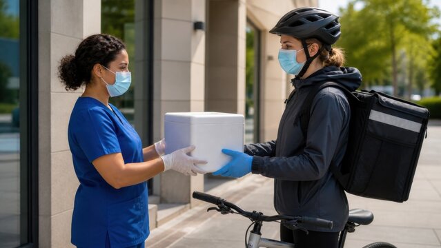 Women's health sample courier handoff: A clinic nurse transfers a sealed blank temperature-controlled sample case to a bicycle medical courier outside a health center