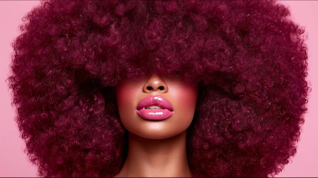 Beautiful Black woman with voluminous natural afro hair smiling and moving her curls in slow motion, confident beauty portrait celebrating natural hairstyle