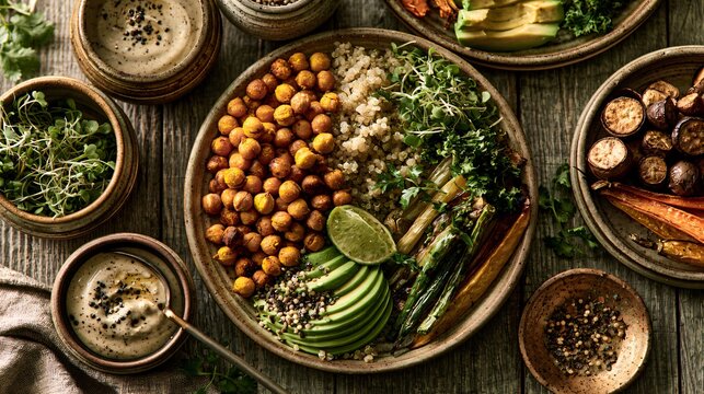 A luxury vegetarian composition featuring roasted turmeric chickpeas served with quinoa, avocado, roasted vegetables, tahini dressing, and handcrafted ceramic bowls