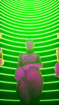 Cyberpunk Motion Background of Sculpted Statues in Circle with Neon Green and Magenta Lighting