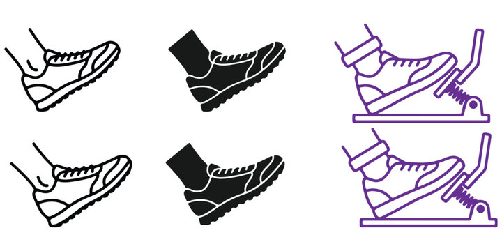 Set of foot on car pedal and running shoe icons