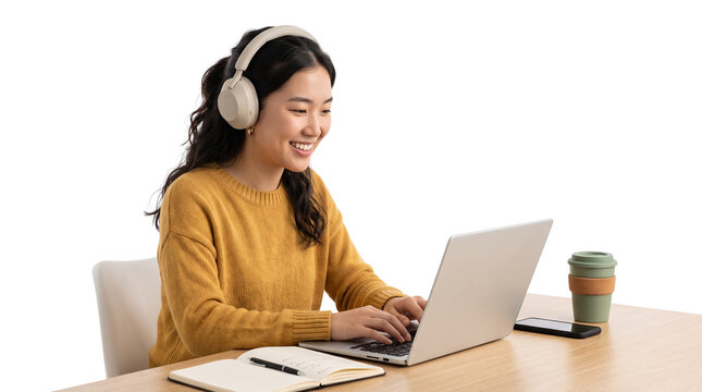 Smiling Asian woman with headphones using laptop, happy student studying at desk, remote worker in video call on white background