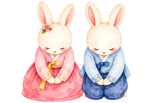 Cute rabbits in Korean hanbok making a traditional bow watercolor illustration