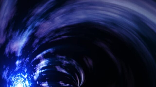 Cinematic sci-fi animation of a spinning dark energy vortex or galactic wormhole traveling through deep space. Features glowing blue and purple nebula clouds for mysterious futuristic concepts.