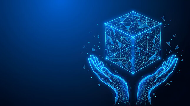 Abstract futuristic technology concept with hands holding glowing wireframe blockchain cube on dark blue background