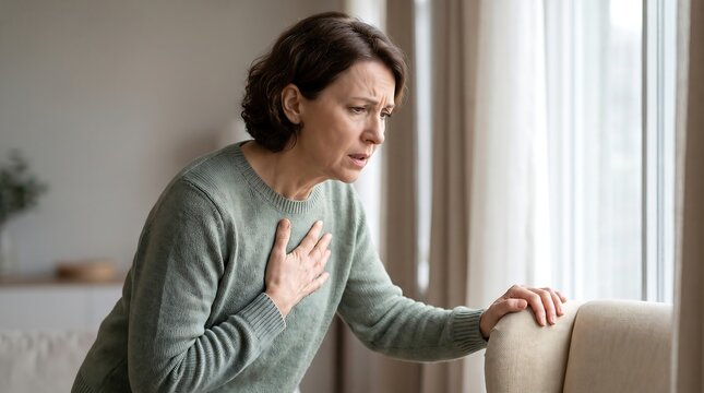 Senior woman suffering chest pain heart attack concept feeling unwell clutching chest at home medical healthcare banner