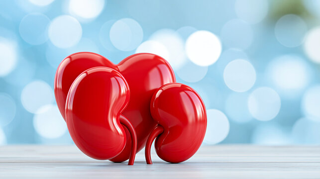 World kidney day awareness illustration with heart and kidney design, defocused organ health education graphic, medical condition awareness visualization, with copy space