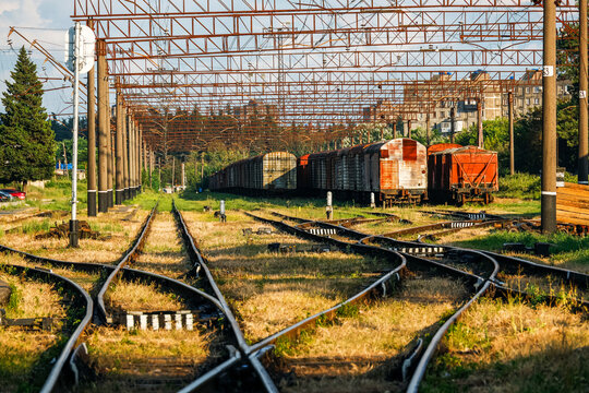 Freight trains on city cargo terminal in Kutaisi, Georgia. Railways in train parking. Train arrived at the station. Cargo train at depot  for export logistics background.