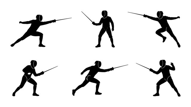 Fencing Silhouettes: Dynamic Poses of Athletes in Combat, Sport Action Vector Set, Elegant Sword Fighting Figures