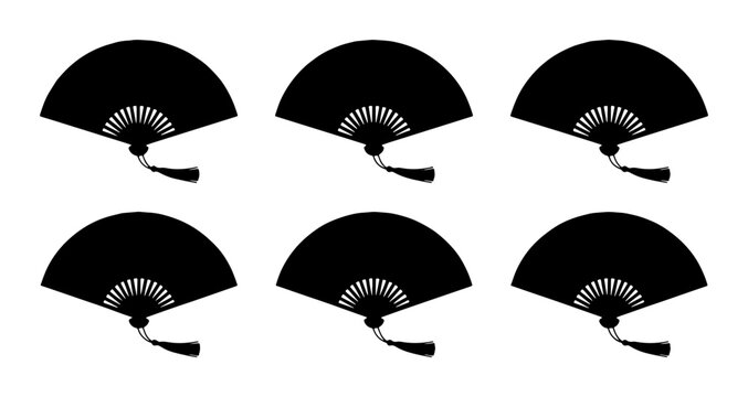 Set of Six Black Folding Fans, Traditional Japanese Handheld Accessories, Elegant Silk and Bamboo Decorative Elements, Asian Cultural Art