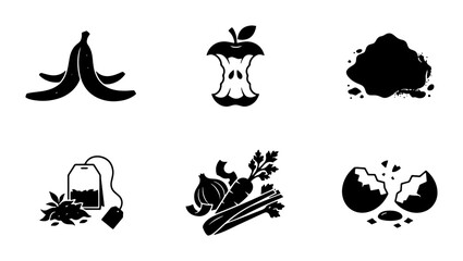 Fototapeta premium Composting Icons Set: Organic Waste Vector Graphics for Sustainable Living, Eco-Friendly Food Scraps and Garden Materials Collection