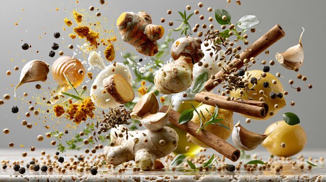 An ingredient explosion composition featuring turmeric, fresh ginger, garlic cloves, cinnamon sticks, cumin seeds, coriander, black peppercorns, lemons, honey, coconut milk, olive oil and fresh herbs