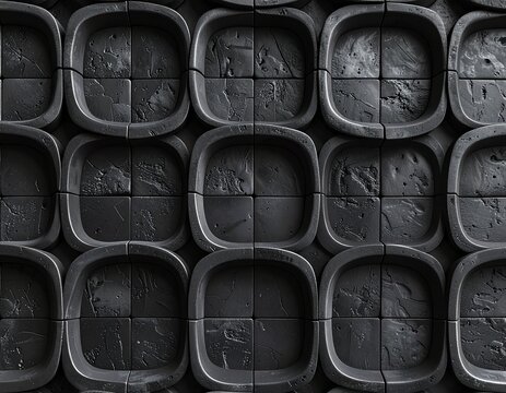 Seamless Pattern of Interlocking Rounded Square Grid in Black Unglazed Stoneware Texture
