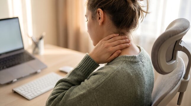 Young woman feeling neck pain while working on laptop at home office desk, healthcare and ergonomics concept banner.