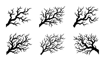 Obraz premium Vector Set of Six Stylized Bare Tree Branches, Black Silhouette Designs for Autumn, Winter, and Nature Graphics