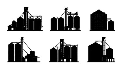Grain Silo Set, Industrial Farm Storage Buildings, Agricultural Storage Silos Vector Icons, Rural Infrastructure Collection © Farzana
