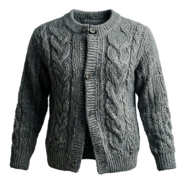 Cardigan sweater wool, grey knitted garment isolated on a transparent background featuring textured cable patterns for autumn winter fashion concepts