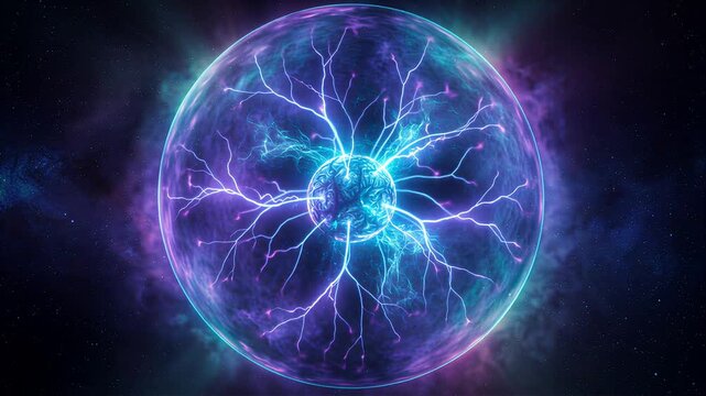 Pulsierende Energiekugel mit elektrischen Blitzen und wirbelndem Plasma im tiefen Weltraum