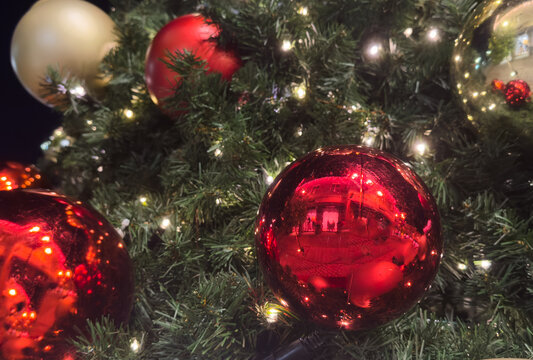Holiday celebration, Christmas tree with bright lights, festive ornaments, December