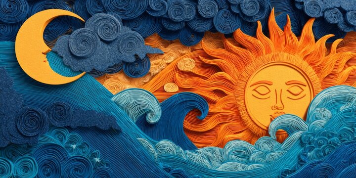 Colorful Paper Art Illustration of Sun and Moon with Whimsical Clouds and Waves in Vibrant Orange and Blue Tones for Dreamy Aesthetic
