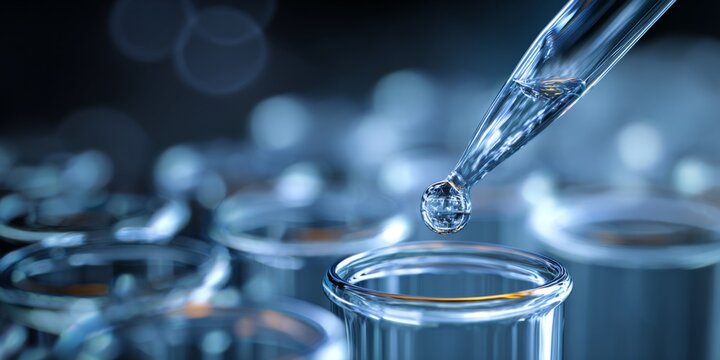 Close-Up View of a Glass Pipette Dropping Liquid into Test Tubes in a Laboratory Setting, Science Background with Shiny Blue Light Reflections