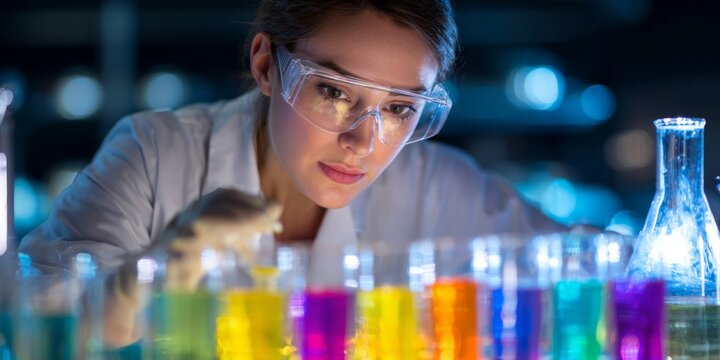 Female Scientist Conducting Research in Modern Laboratory with Chemical Experiments and Colorful Test Tubes Under Bright Lights