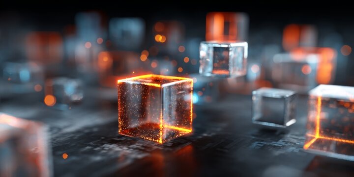Abstract 3D Digital Data Flow with Glowing Cubes in a Futuristic Landscape Representing Technology and Innovation in Motion