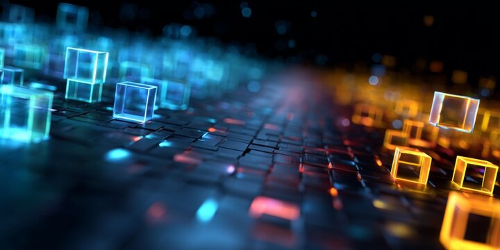 Abstract 3D Digital Data Flow with Glowing Cubes in a Futuristic Landscape Representing Technology and Innovation in Motion