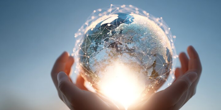 Hands Holding a Digital Globe with Network Connections and Earth Map against a Bright Sky Background, Symbolizing Global Connectivity and Technology
