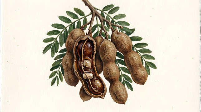 Tamarind pods botanical illustration