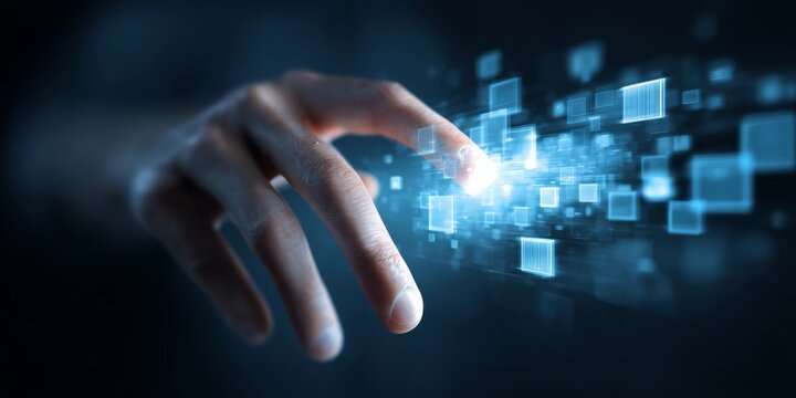 Futuristic Hand Reaching for Digital Interface with Blue Light Effect and Transparent Squares on a Dark Background