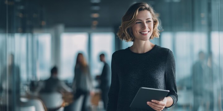 Confident businesswoman walking with tablet in modern office environment, engaging with colleagues in contemporary workspace with panoramic windows