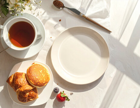 Breakfast table with tea pancakes and fresh berries