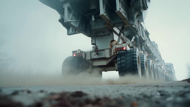 A large transport vehicle travels on a road at a construction site with big wheels and overcast skies