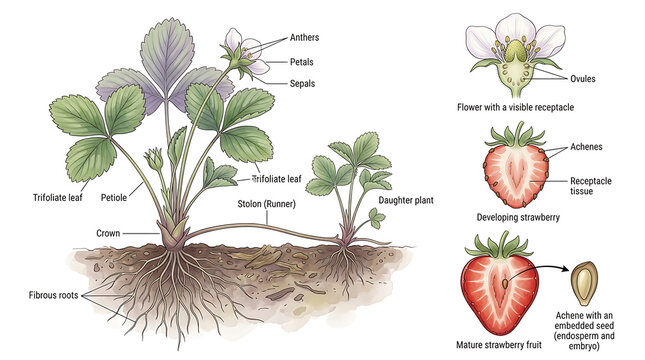 Botanical illustration detailing the strawberry plant, its flower, and mature fruit anatomy