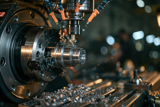 Machining process with a CNC machine in a workshop on a busy day